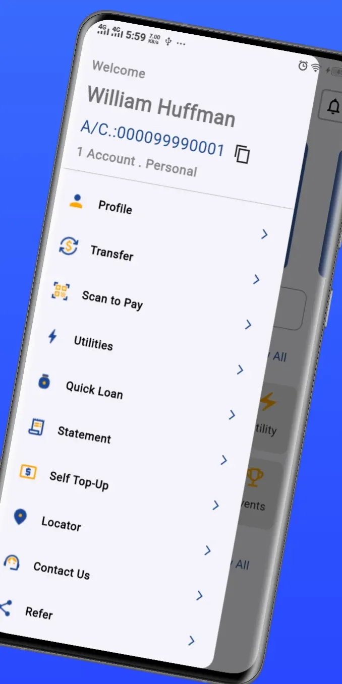 Side menu with transfer, scan to pay, utilities, loans and statements