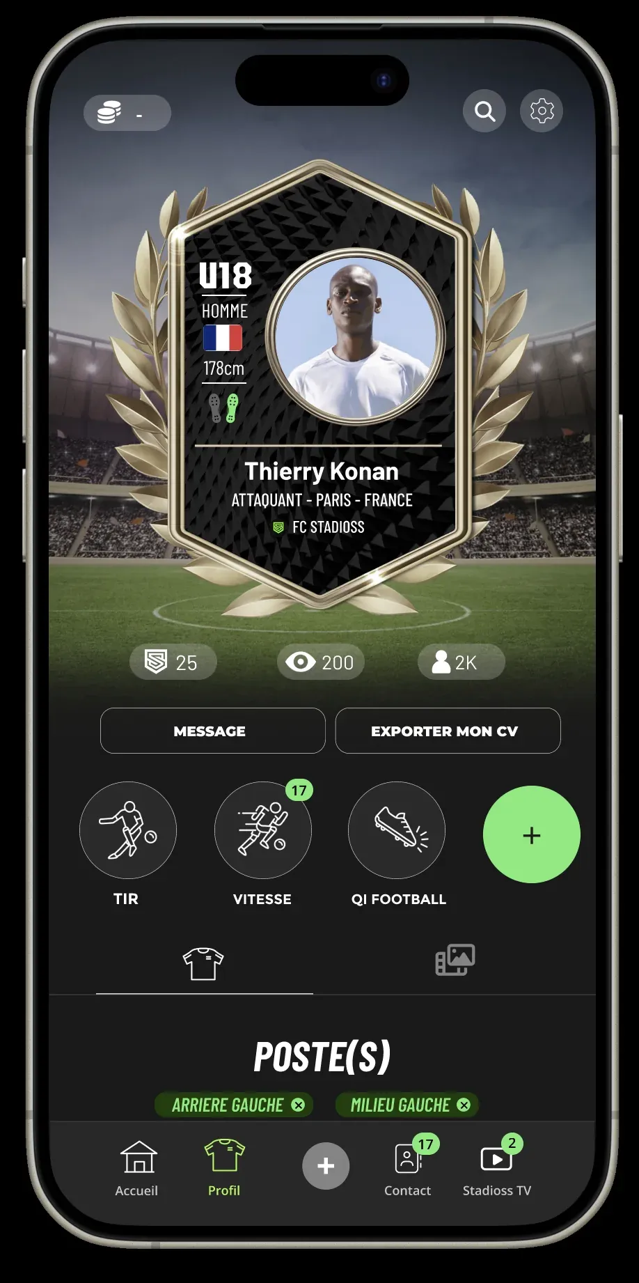 Athlete profile card in the Stadioss app with skills, positions and CV export