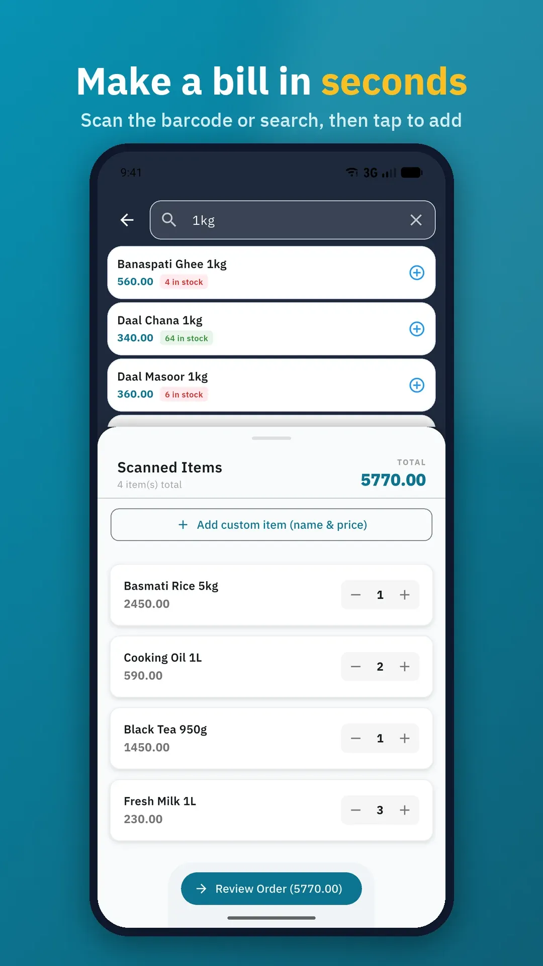 PocketPOS billing cart with scanned grocery items and running total