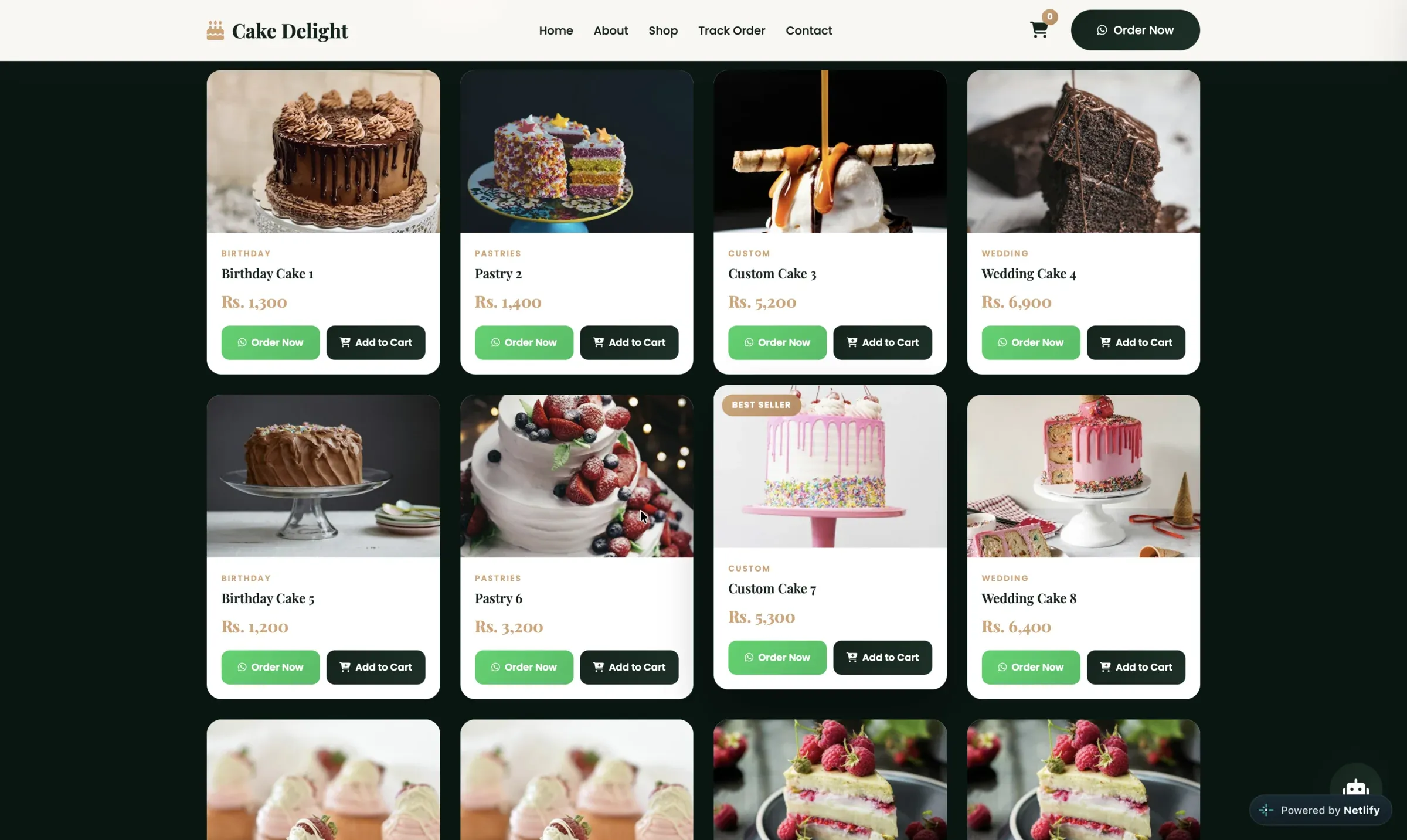 Cake Delight product grid with birthday, wedding and custom cakes and prices