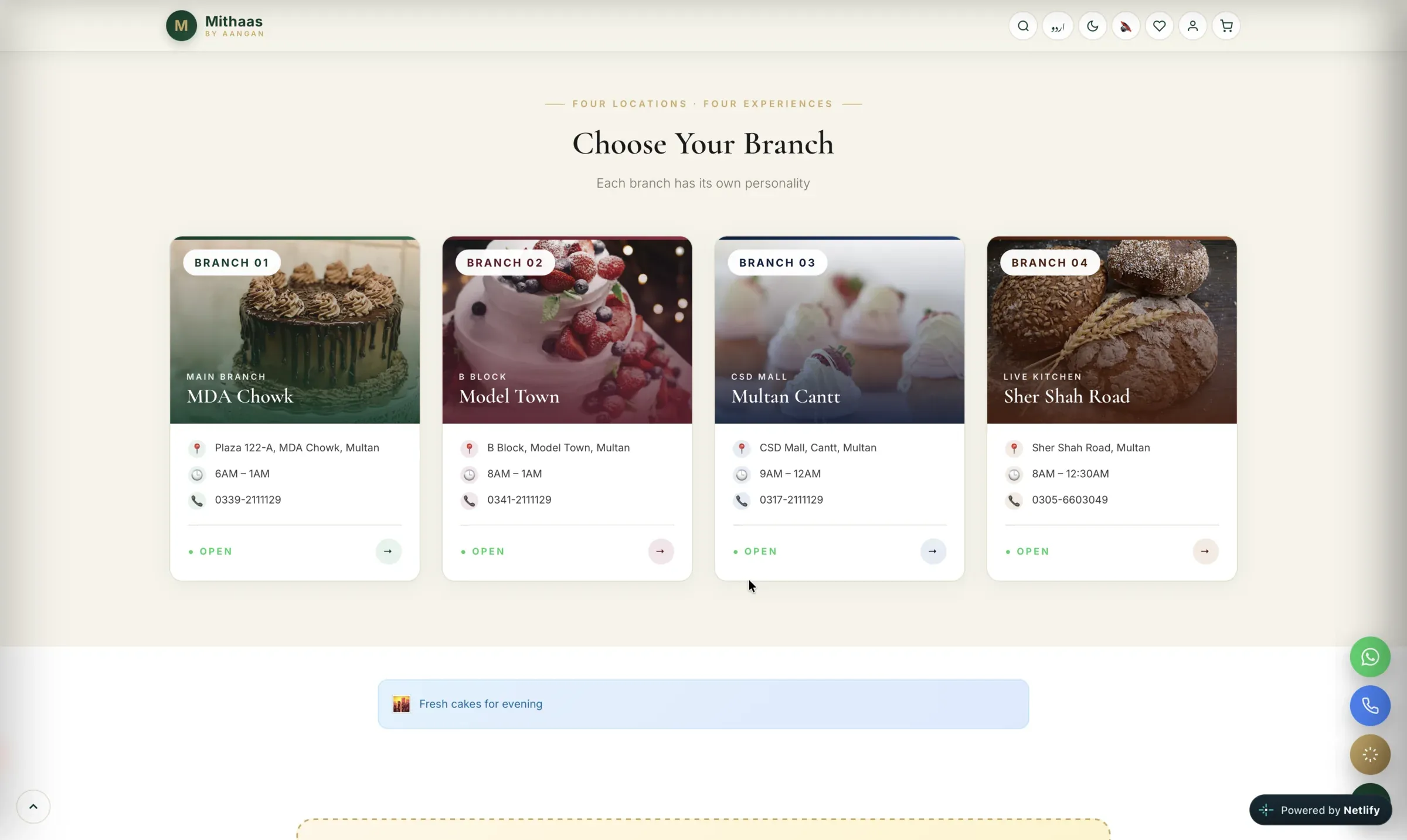 Branch selector showing four Mithaas bakery locations in Multan