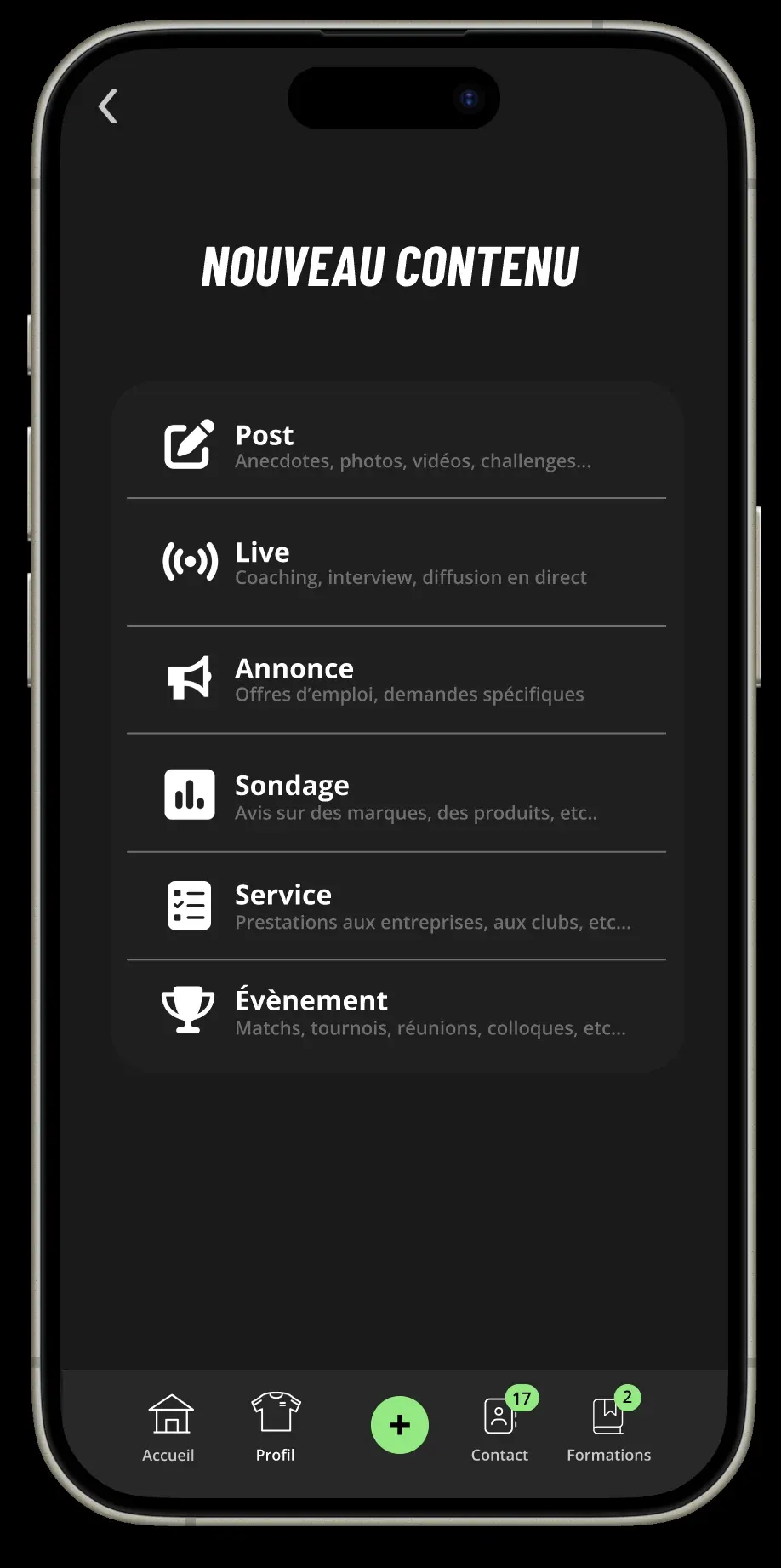 Create menu with post, live, announcement, poll, service and event options