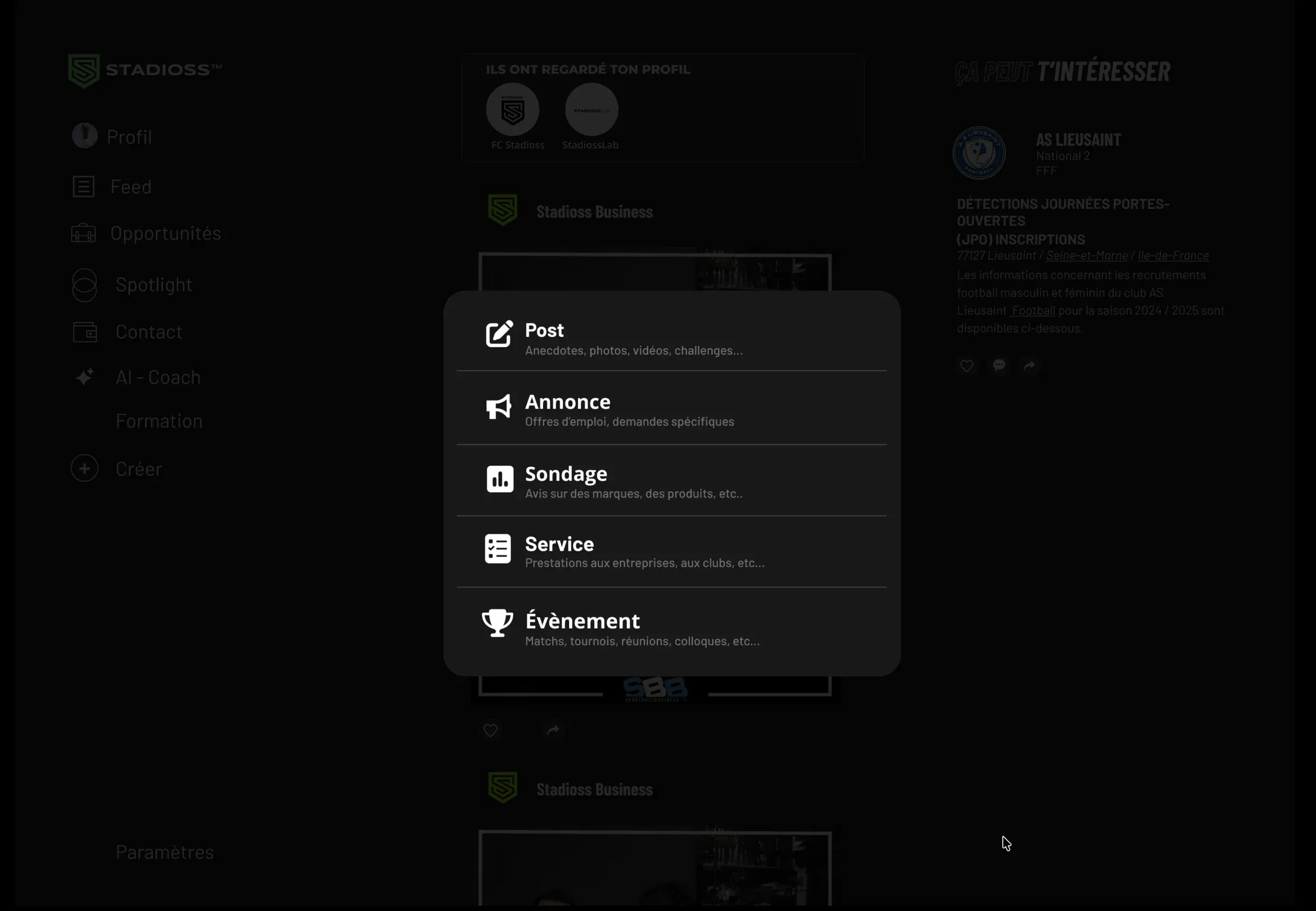 Create menu in the Stadioss web app for posts, announcements, polls, services and events