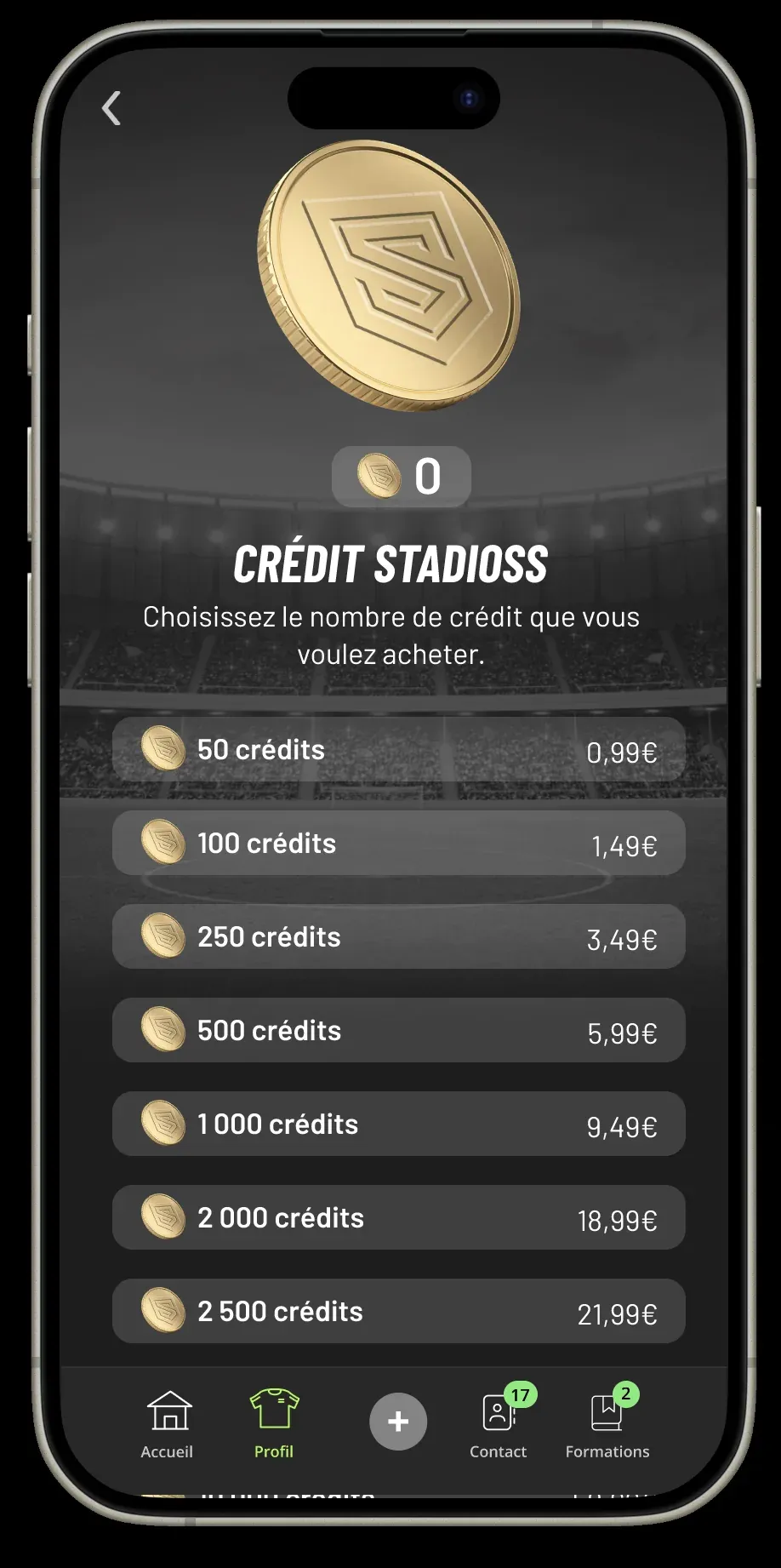 Stadioss in-app credits store with credit packs and prices