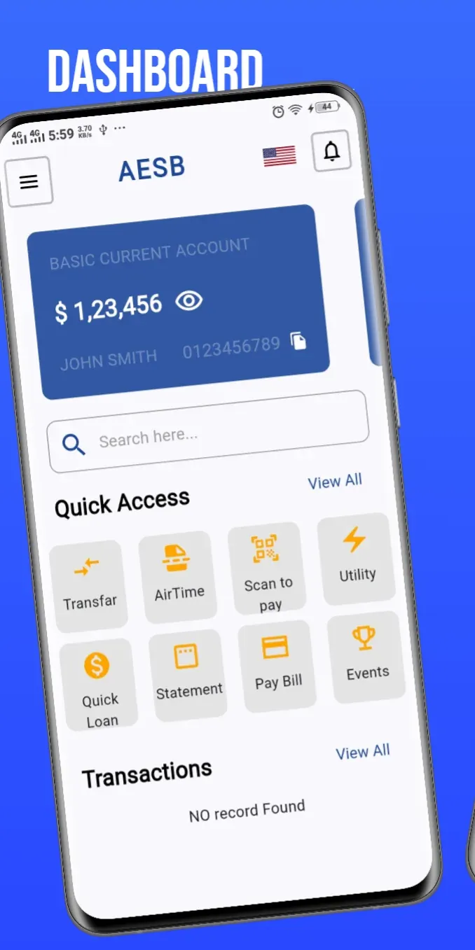 Banking app dashboard with account balance and quick-access actions