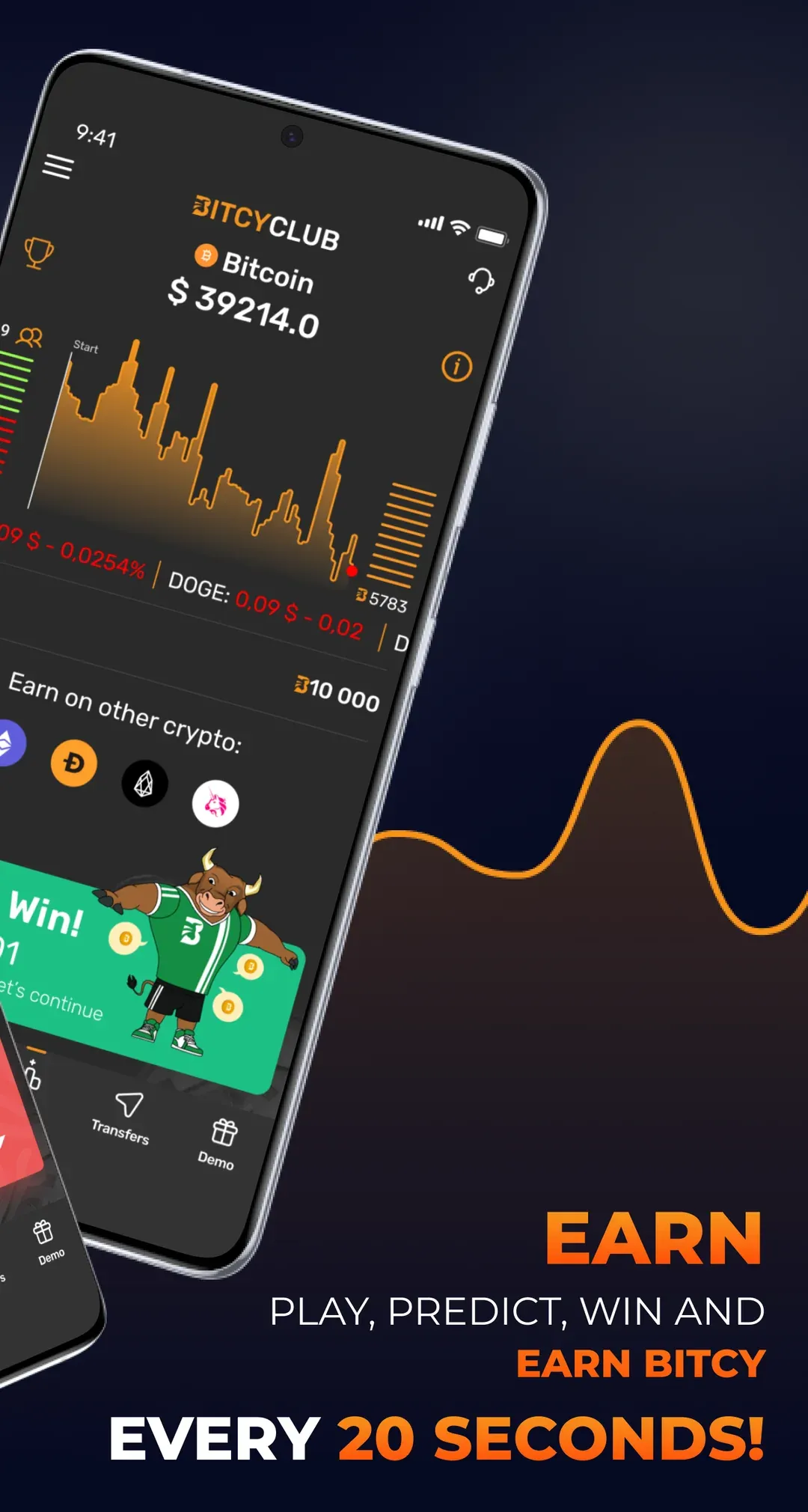 BitcyClub win screen showing Bitcy coins earned from a correct prediction