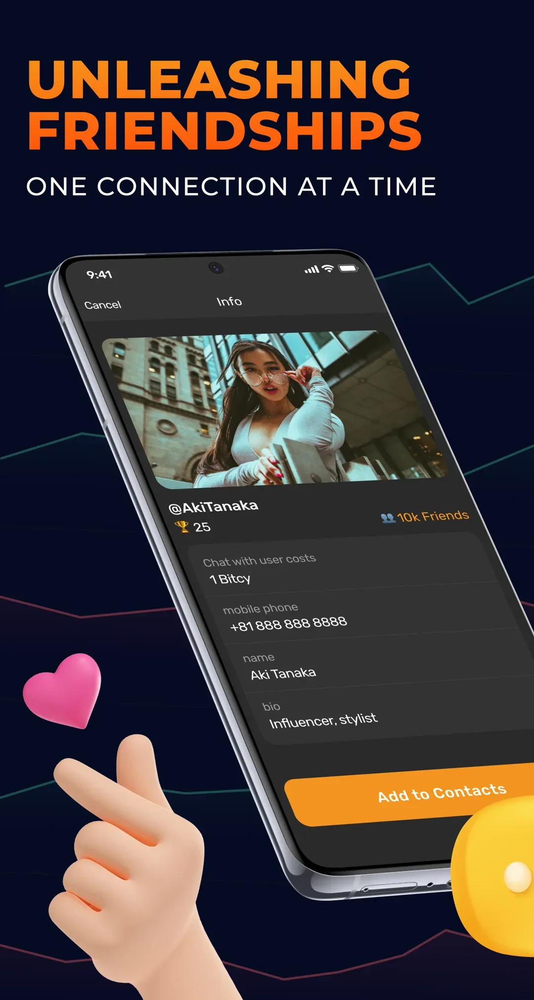 BitcyClub user profile with add-to-contacts and chat options