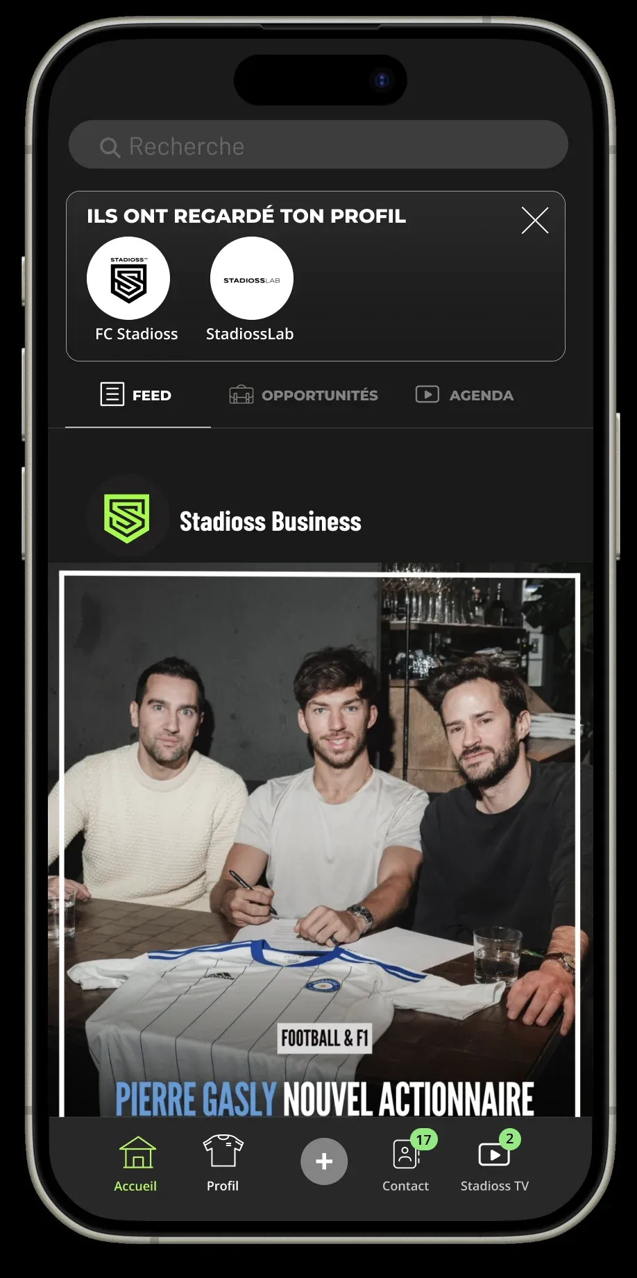 Stadioss React Native app home feed showing profile visits and a sports news post