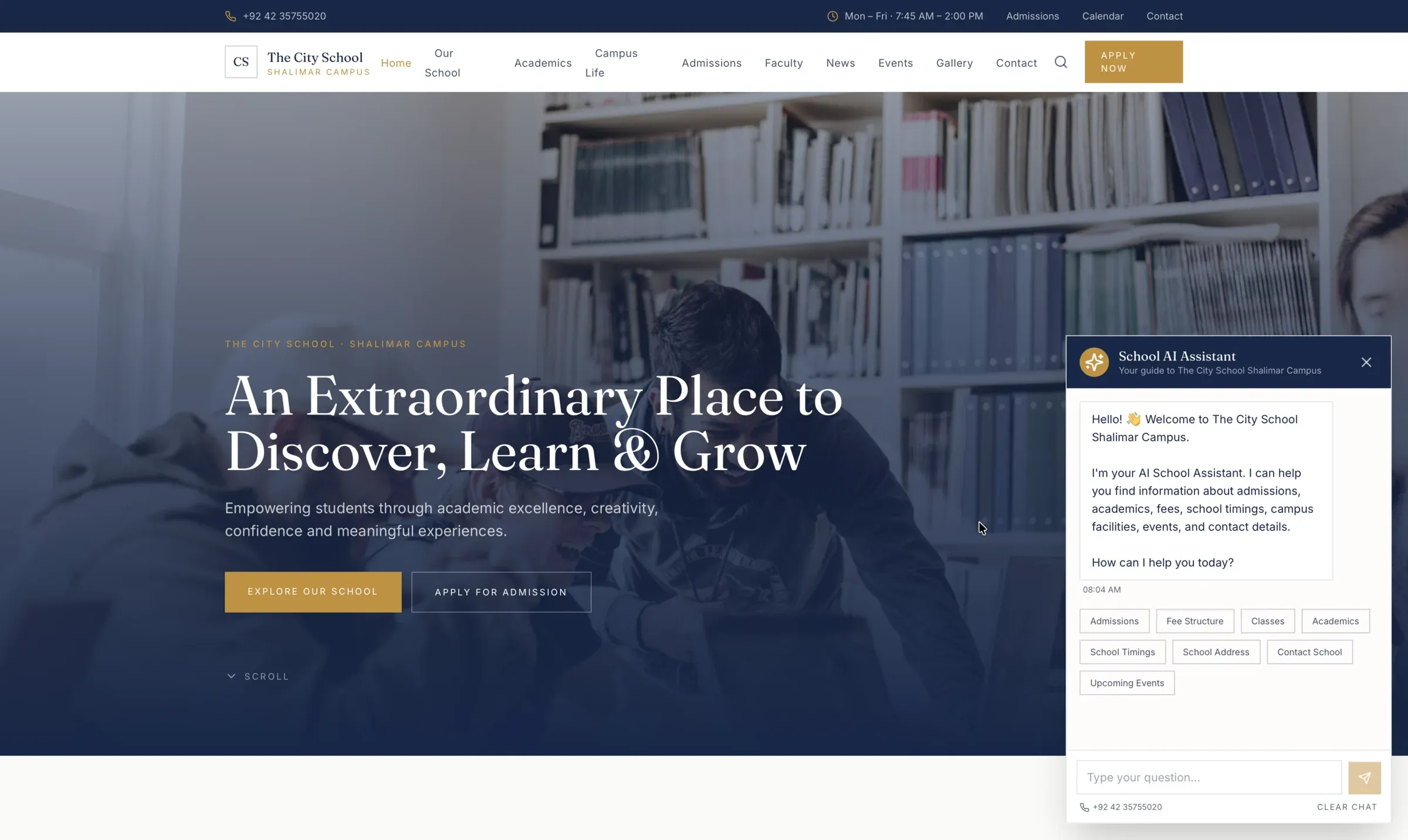 School website homepage with the AI school assistant chat open
