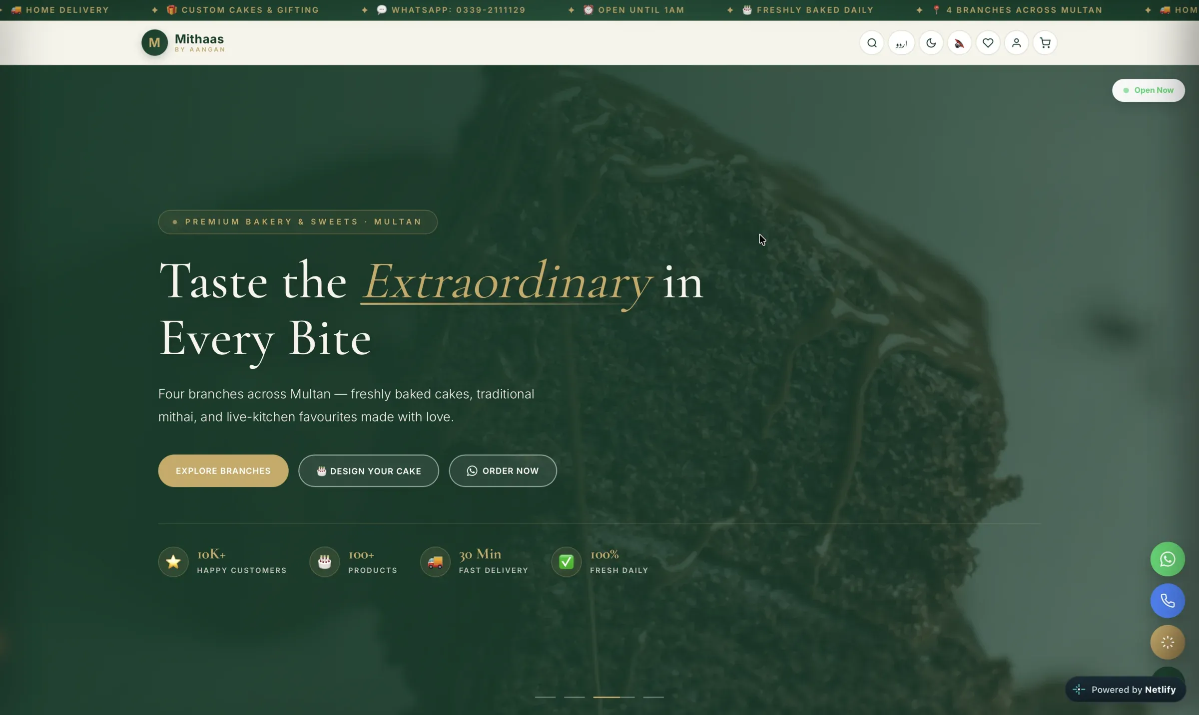 Mithaas By Aangan bakery website hero with calls to explore branches and order