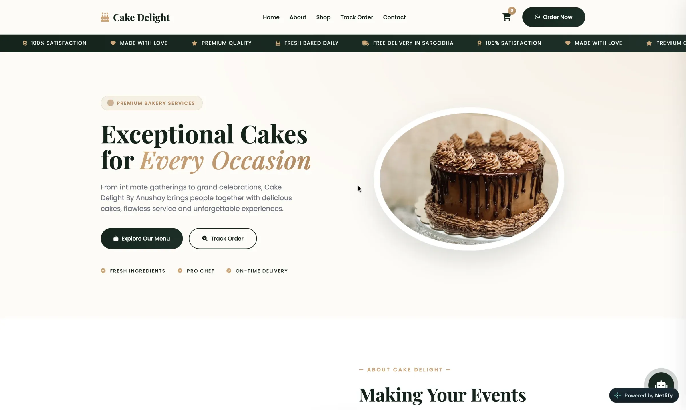 Cake Delight bakery website hero: exceptional cakes for every occasion