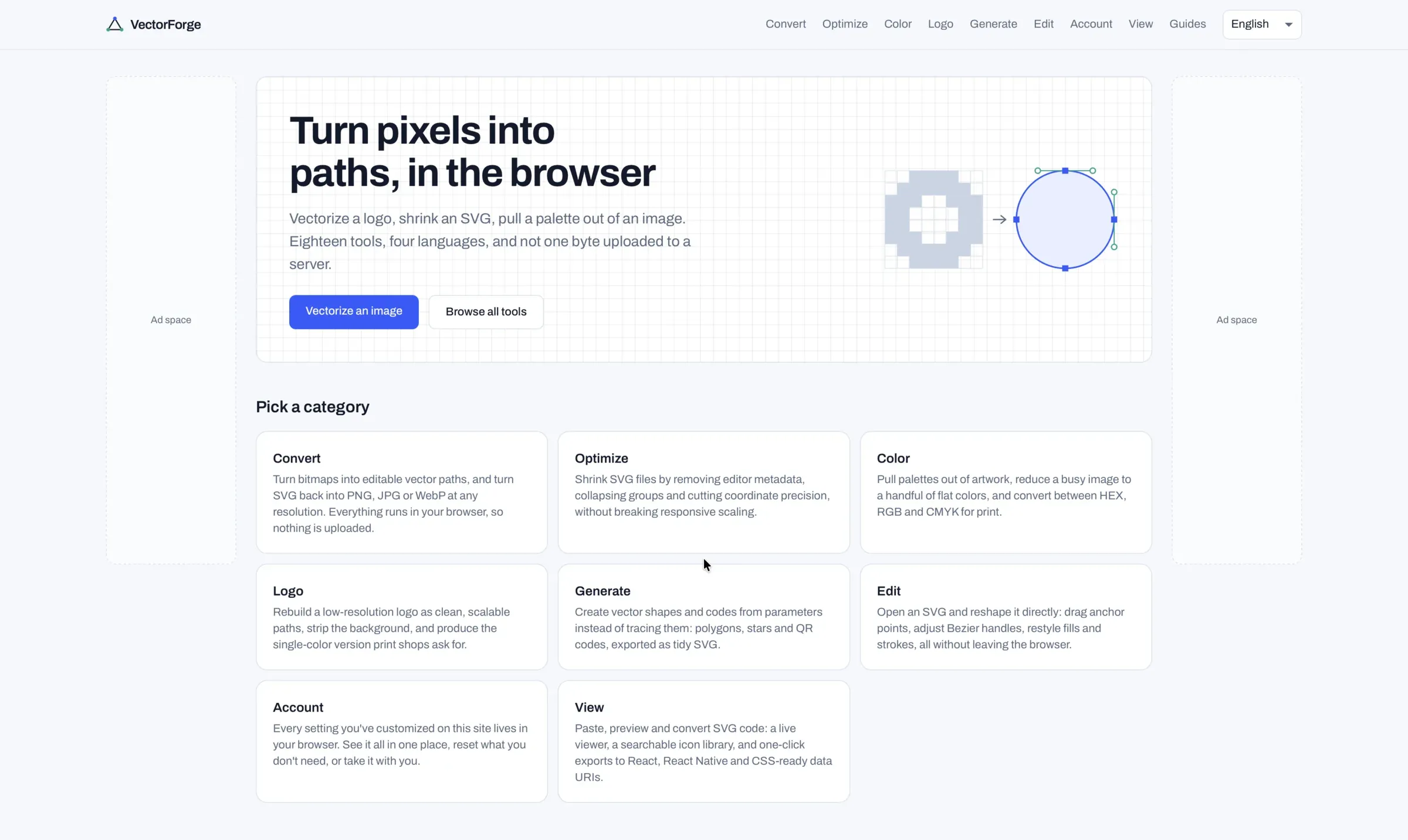 VectorForge homepage with vector tool categories: convert, optimise, colour, logo, generate and edit