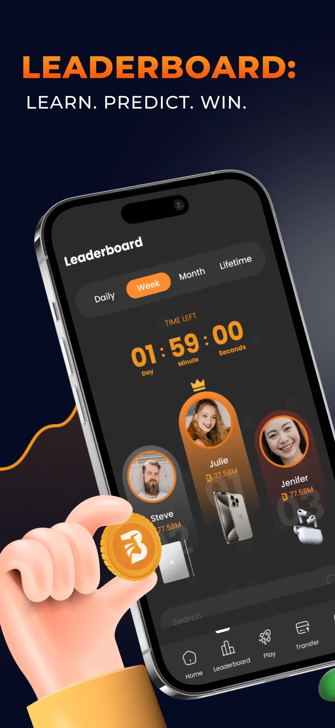 BitcyClub weekly leaderboard with top players and countdown timer