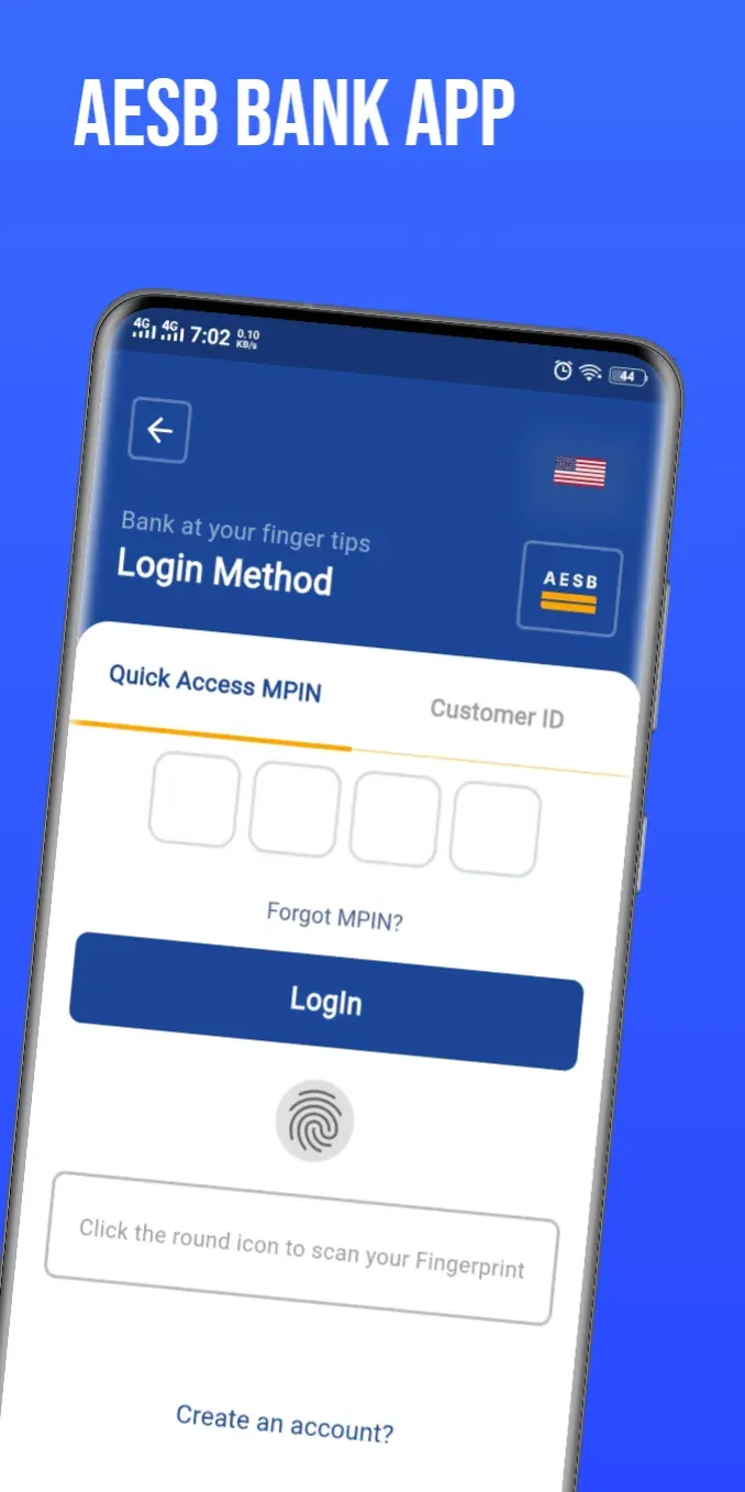 Flutter banking app login screen with MPIN and fingerprint options
