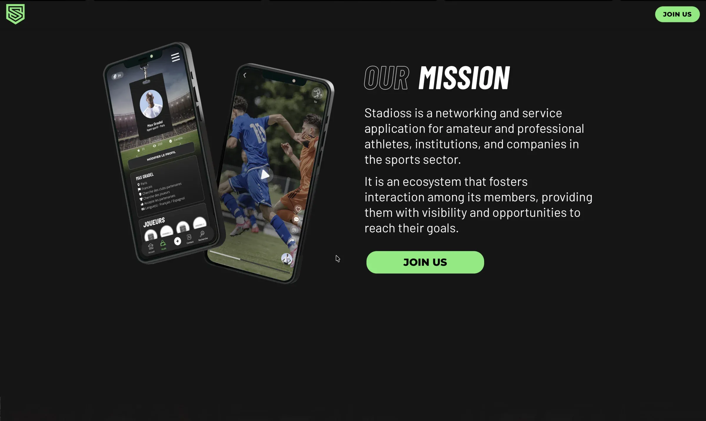 Stadioss mission section with app previews and a join button