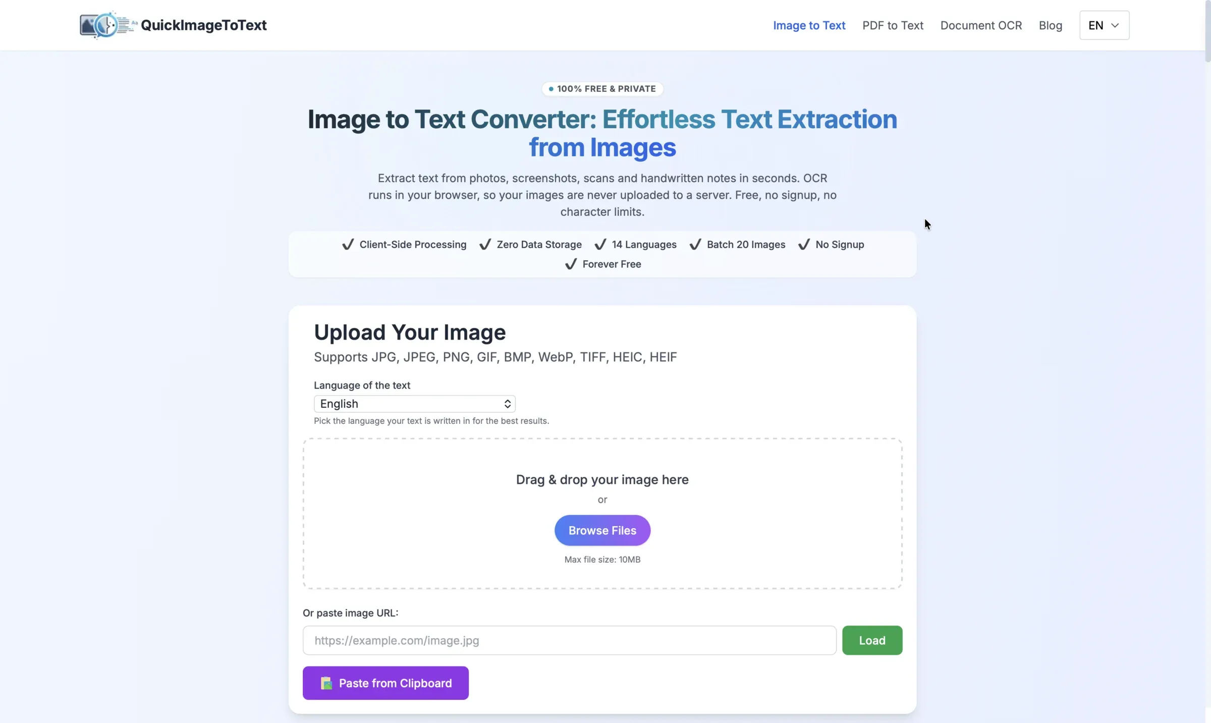 QuickImageToText homepage with file upload area, OCR language picker and paste-from-clipboard option
