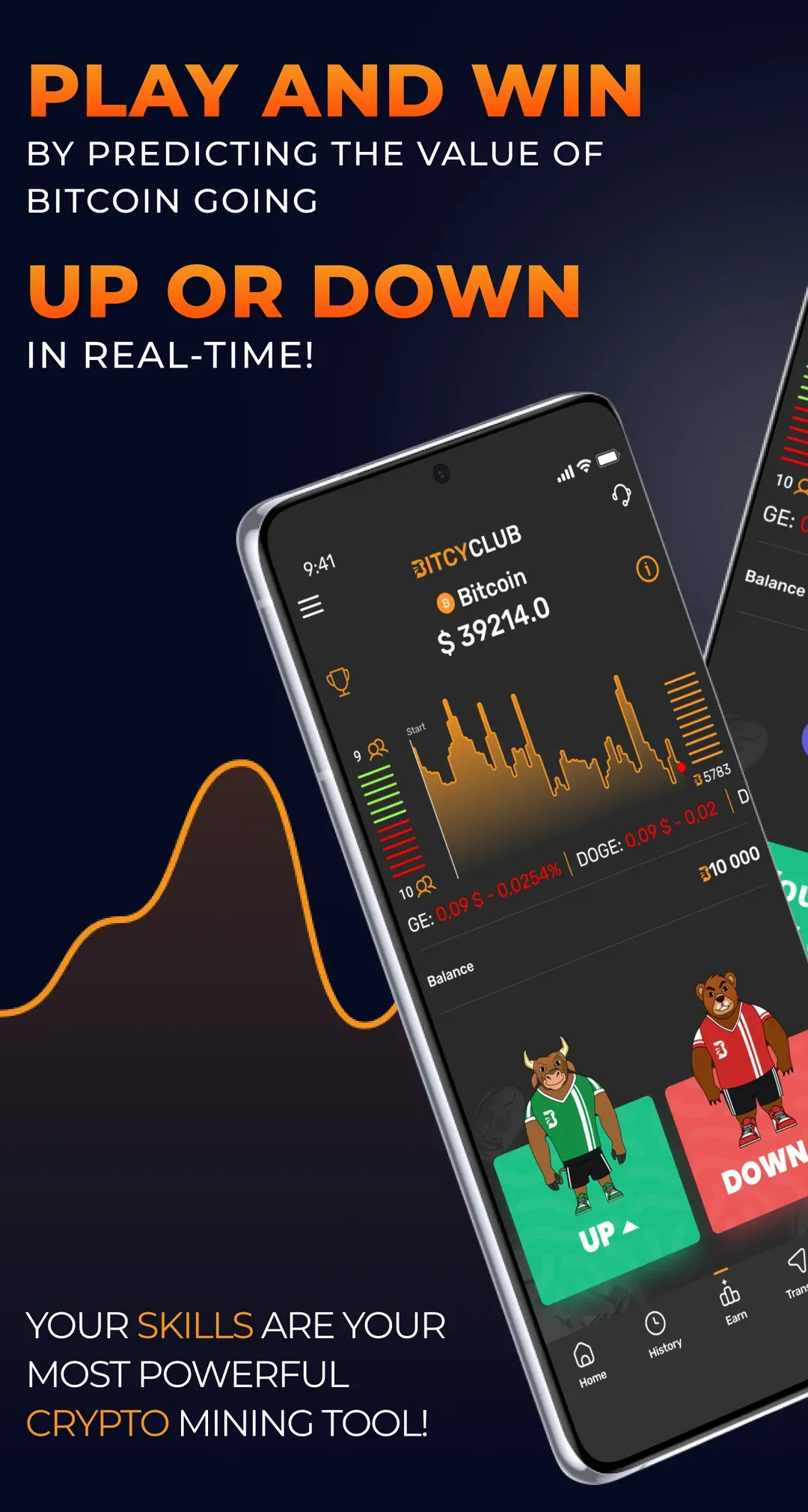 BitcyClub app screen for predicting whether Bitcoin goes up or down in real time