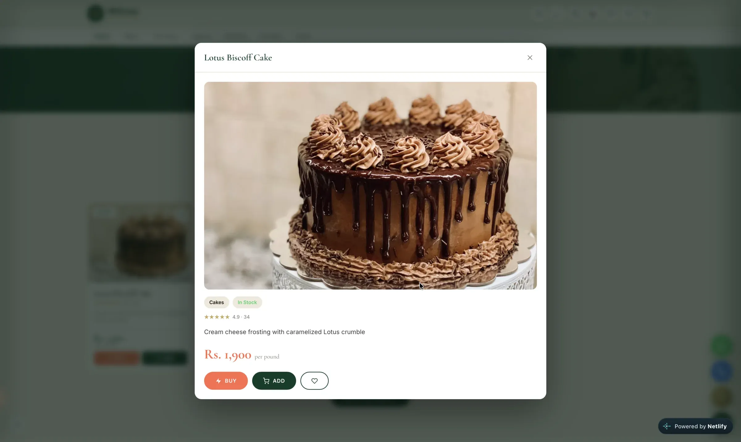 Product quick view for a Lotus Biscoff cake with price and add-to-cart button
