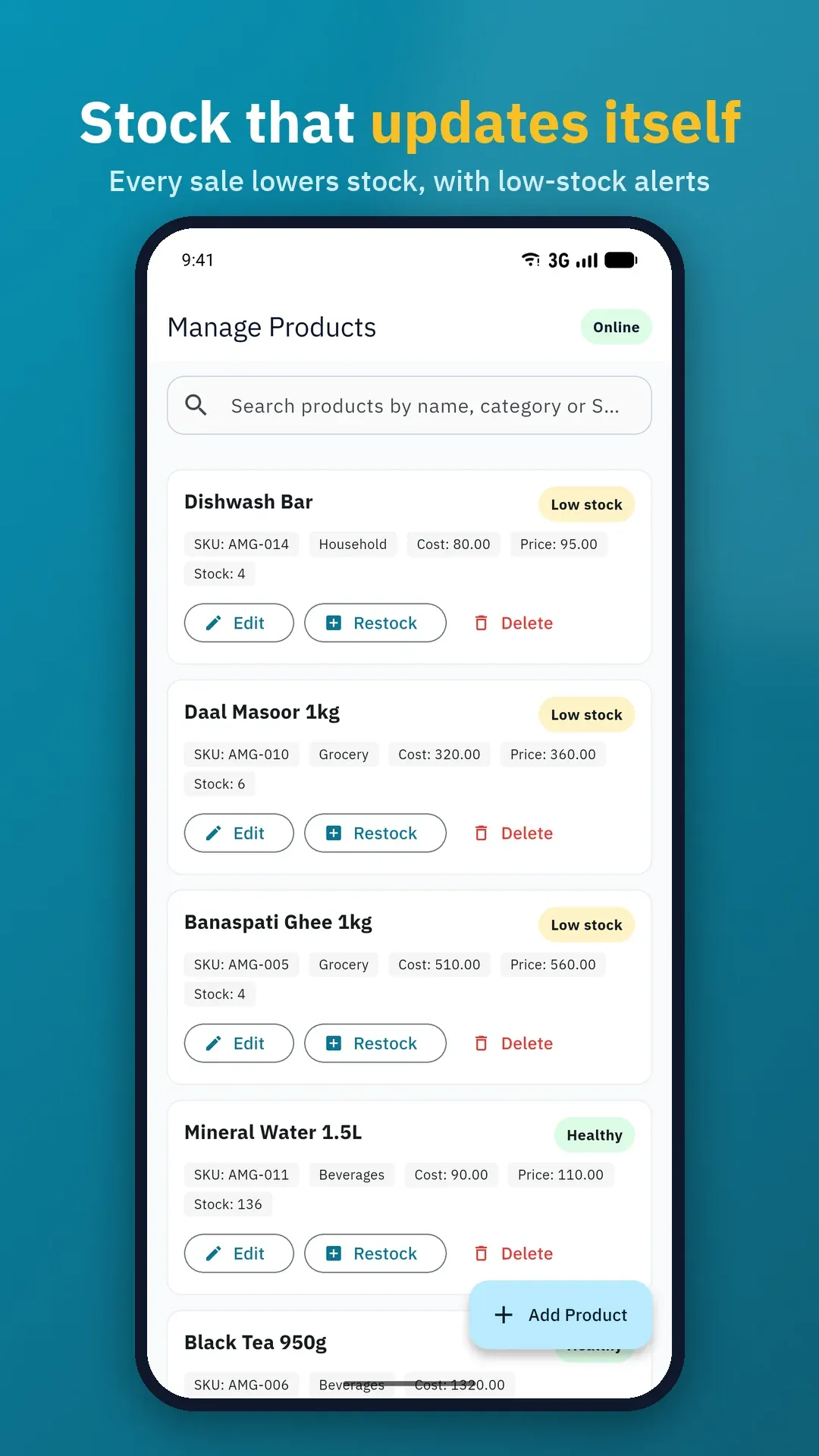PocketPOS product list with stock levels, low-stock labels and restock buttons