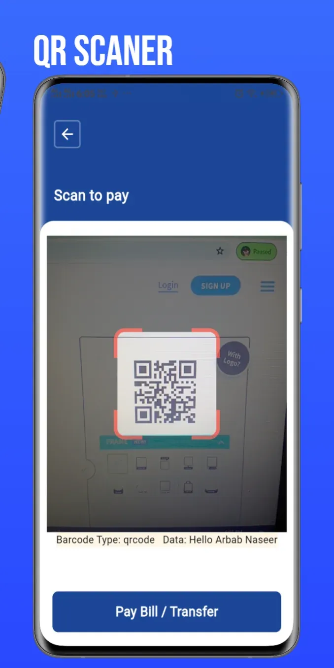 QR code scanner screen for paying bills and transfers
