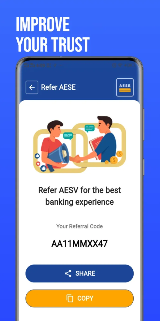 Refer-a-friend screen with a shareable referral code