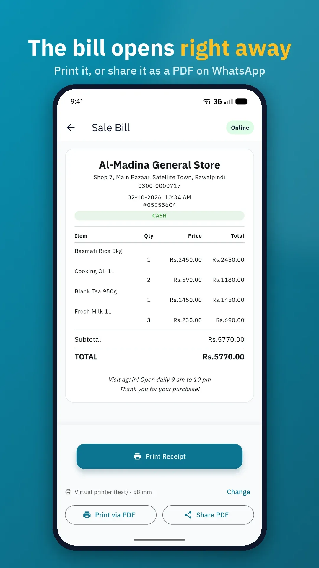 Sale bill for a general store with print receipt and share PDF options