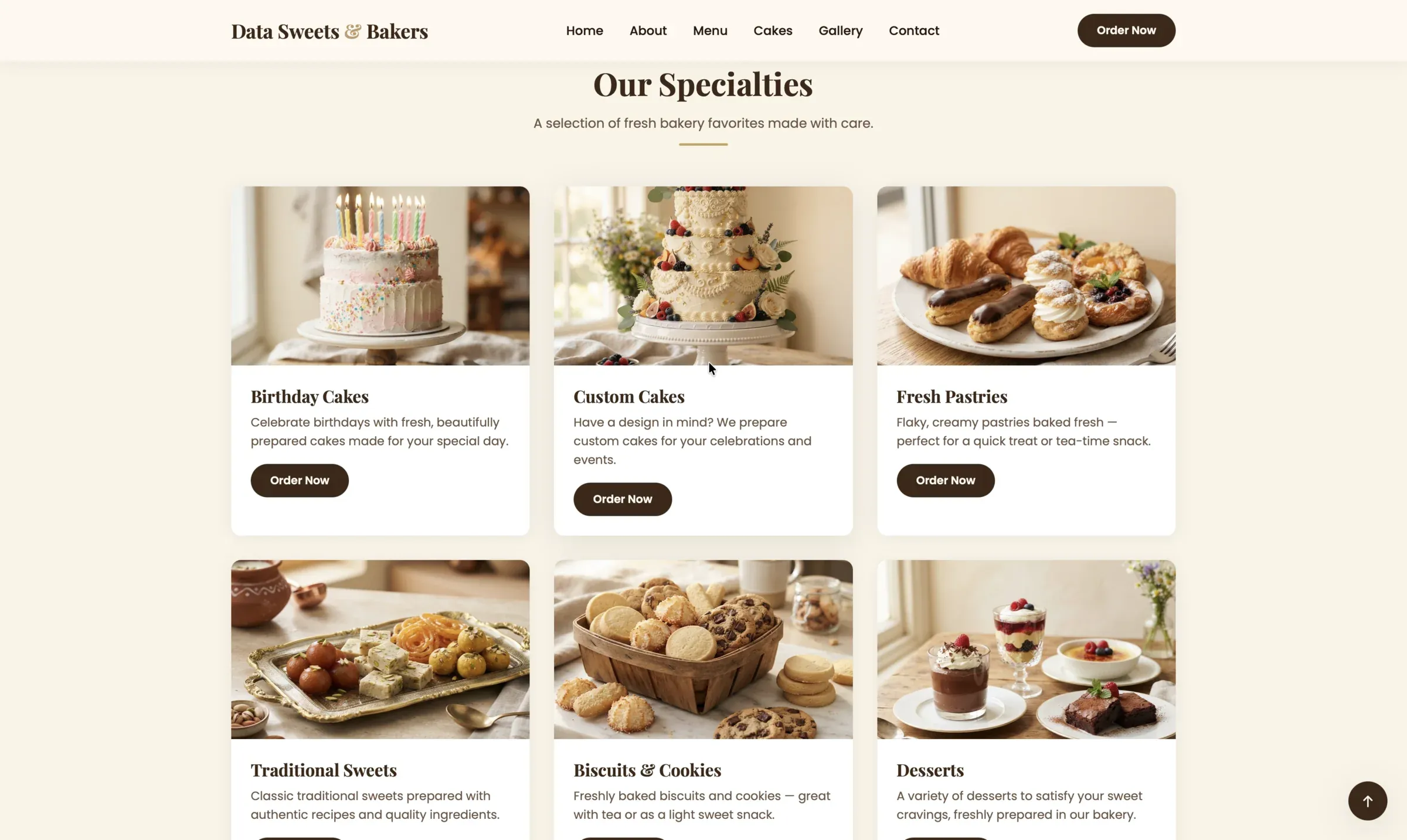 Our specialities section with birthday cakes, custom cakes, pastries and sweets