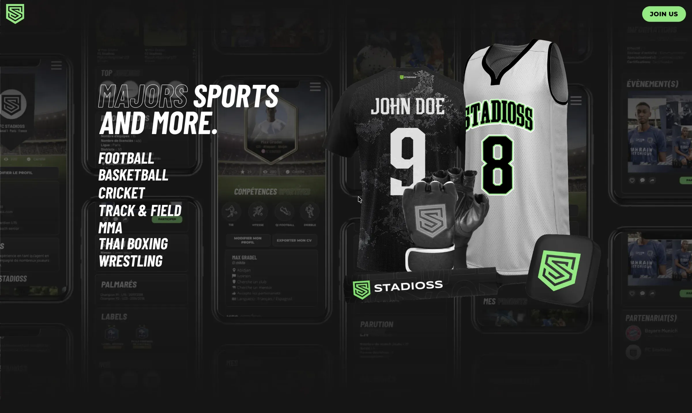 Stadioss section listing supported sports such as football, basketball and cricket