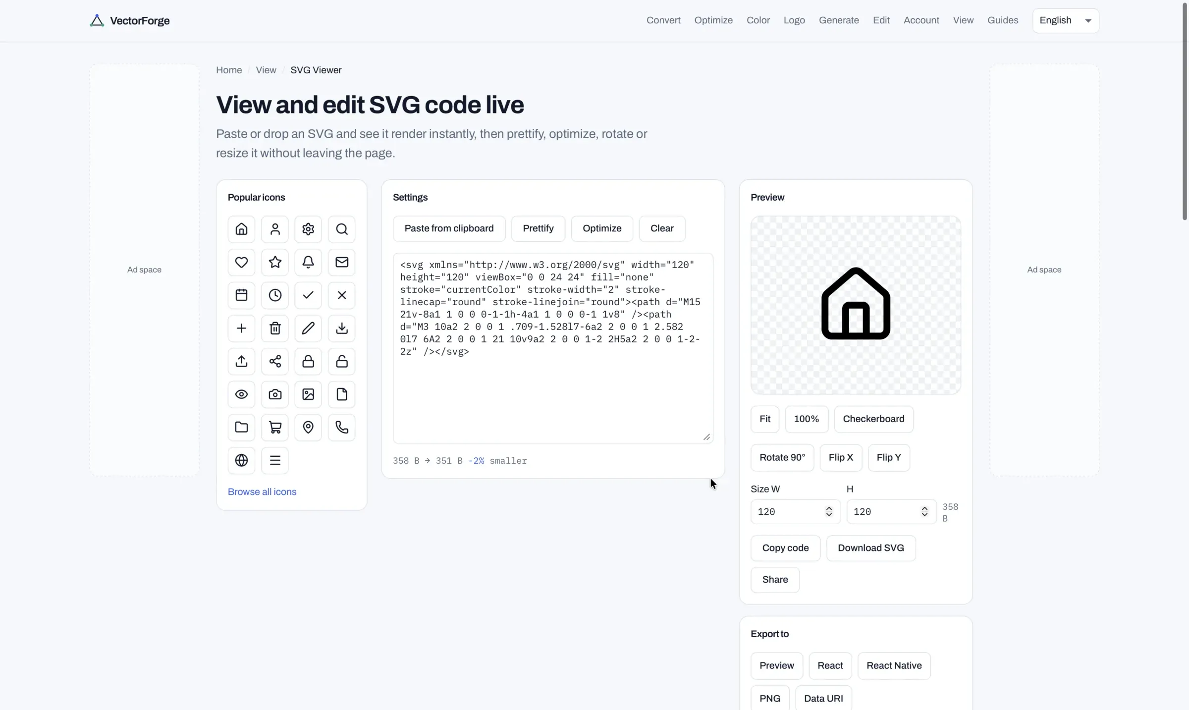VectorForge SVG viewer with live preview, icon library and export to React and React Native