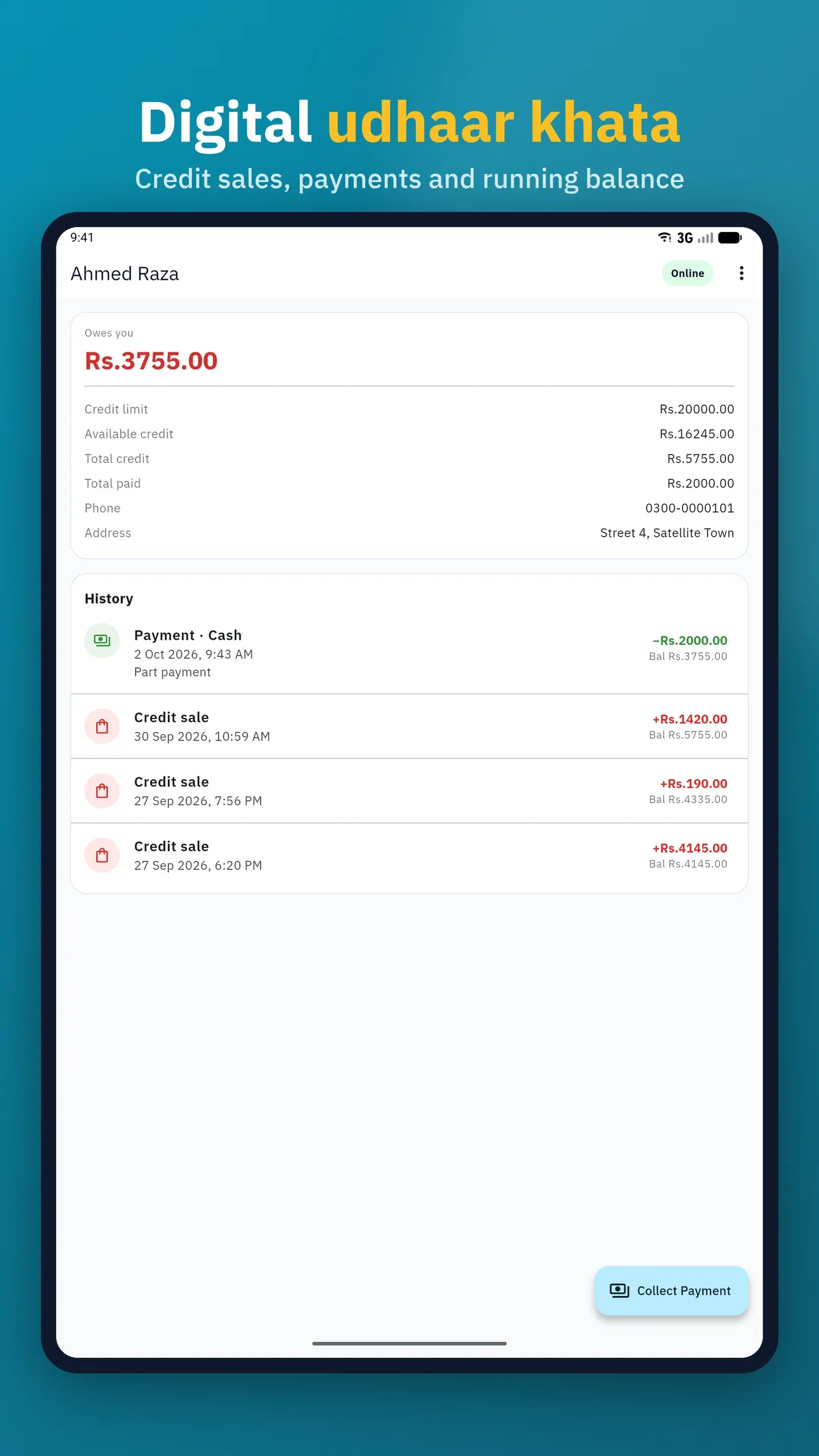 Customer udhaar khata ledger with credit limit, balance and payment history on a tablet