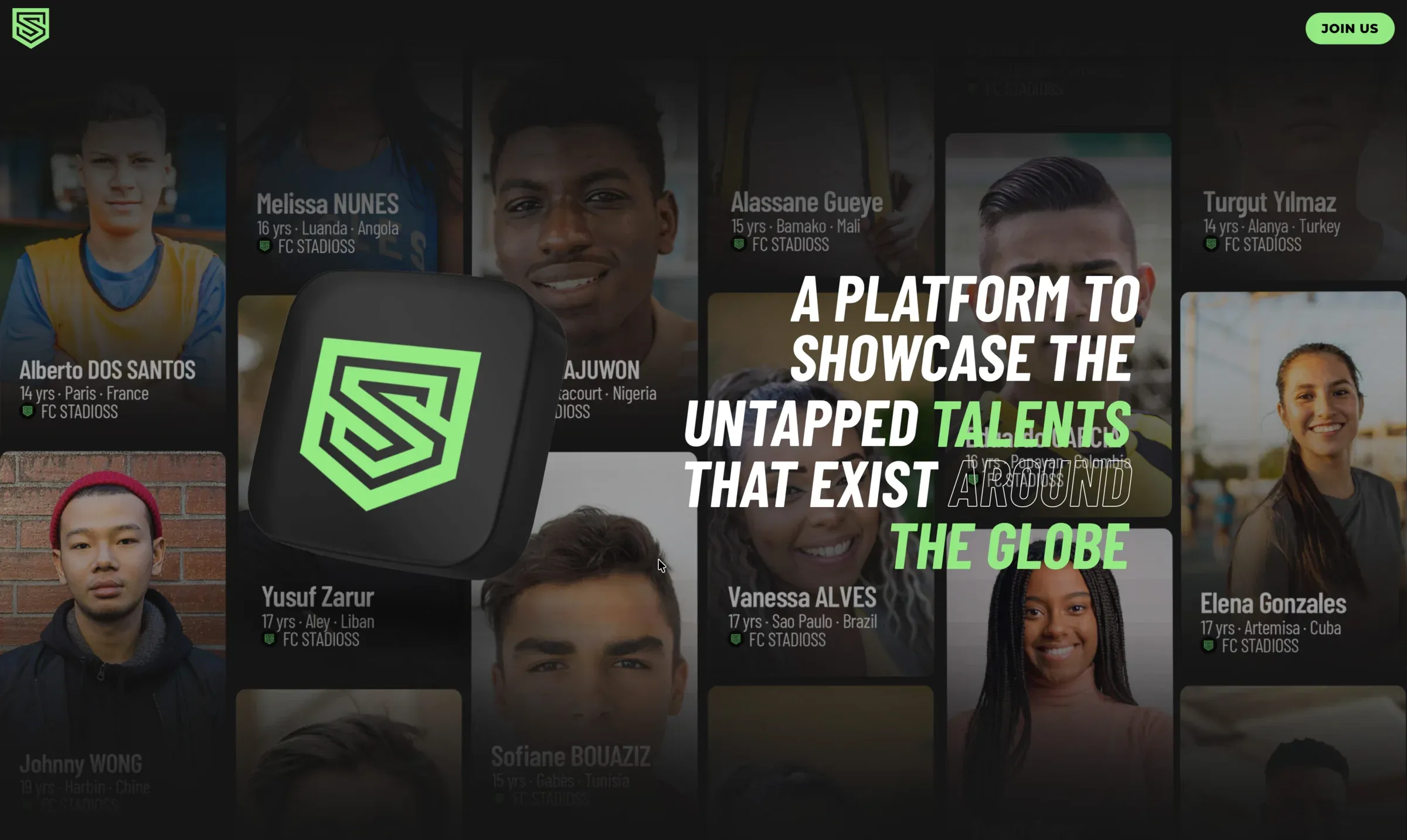 Stadioss talent showcase section with athlete profiles from around the world