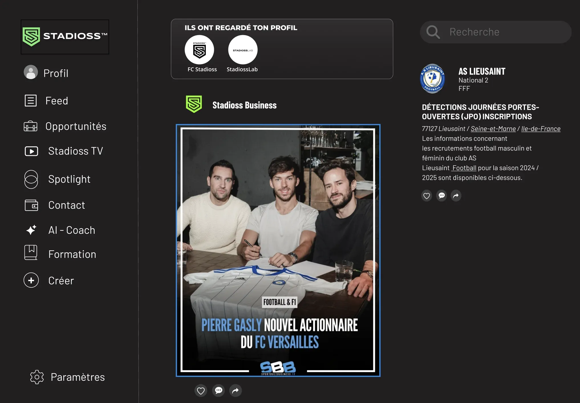 Stadioss web app feed with sidebar navigation and a sports news post